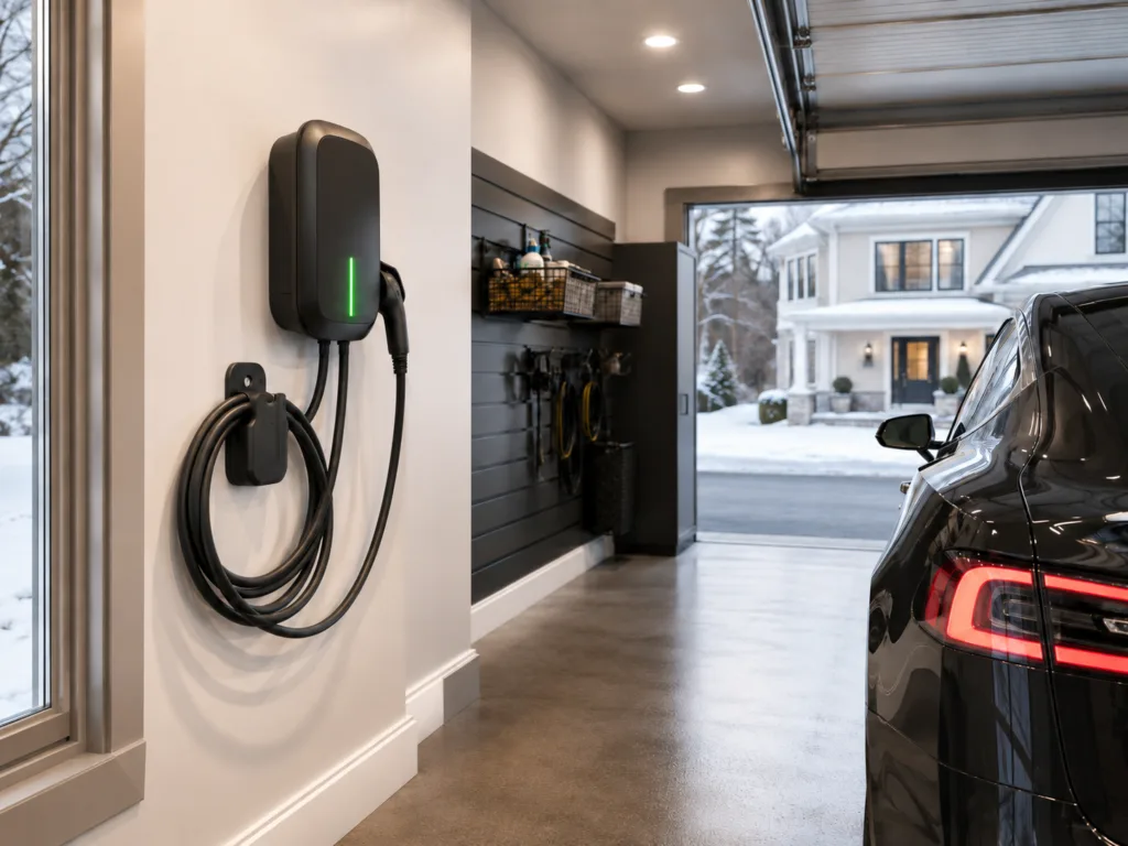 Tesla Wall Connector installed on a white garage wall in Newton MA.